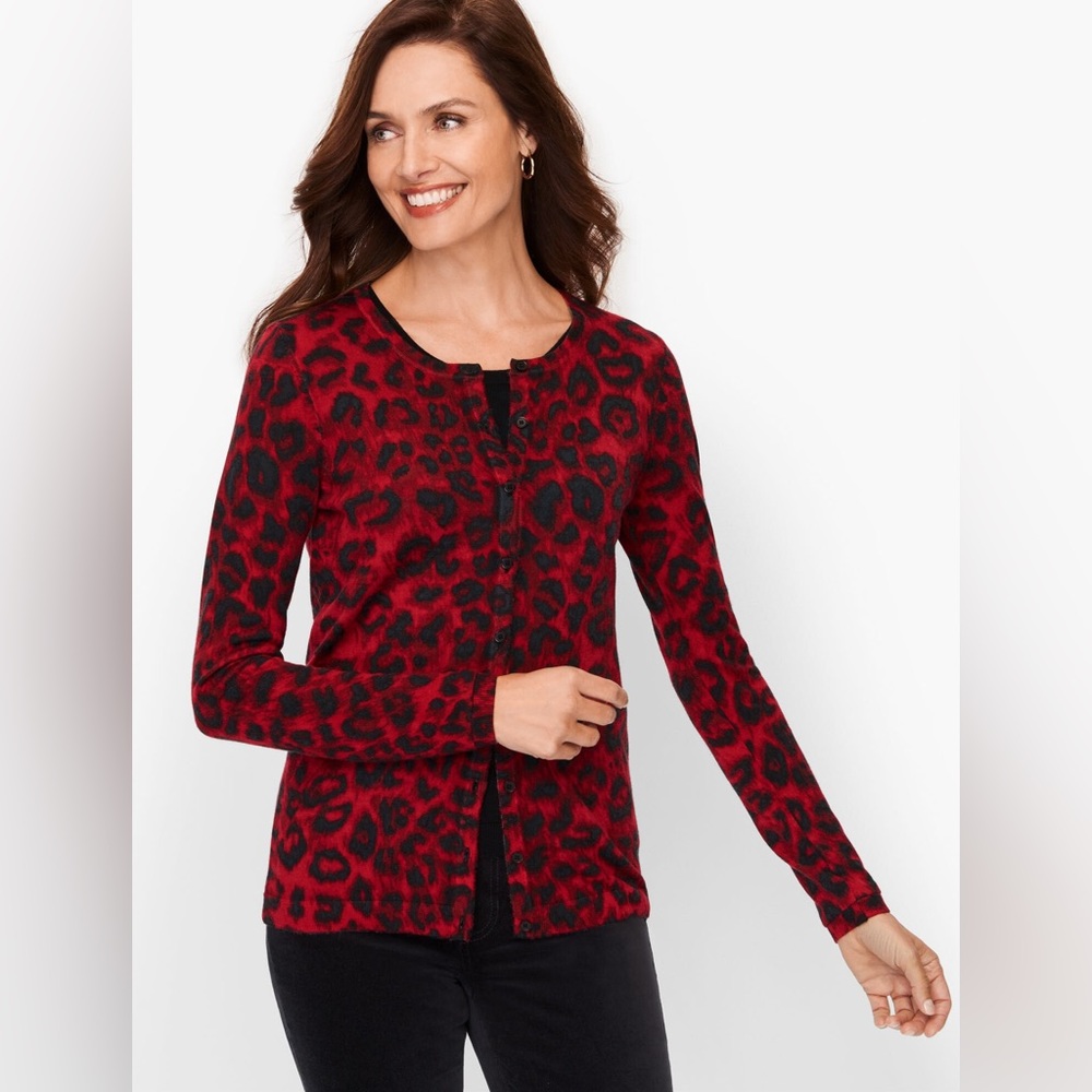 MWT TALBOTS CHARMING CARDIGAN LEOPARD PRINT RED and BLACK Size M Long Sleeve #85